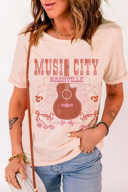 Pink Crew Neck MUSIC CITY Guitar Graphic T Shirt Graphic Tees JT's Designer Fashion