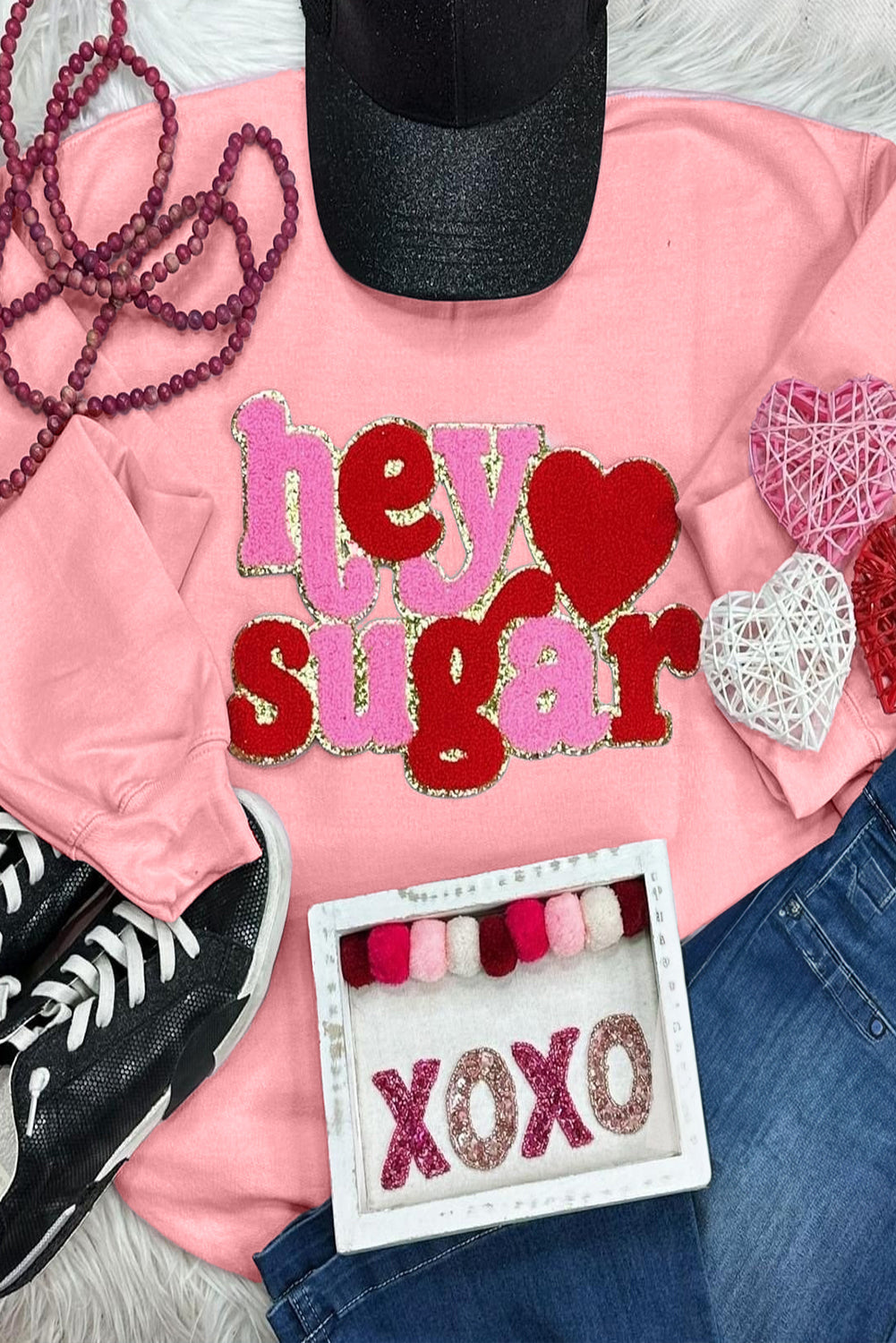 Pink Chenille Heart hey sugar Patched Pattern Valentines Pullover Sweatshirt Graphic Sweatshirts JT's Designer Fashion