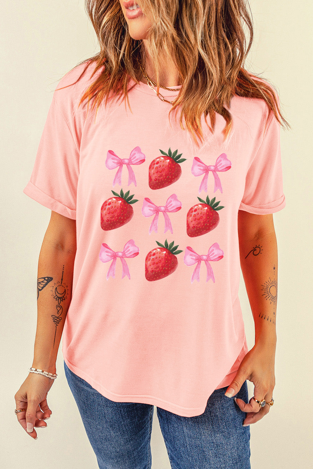 Pink Strawberry & Bowknot Graphic T Shirt Graphic Tees JT's Designer Fashion