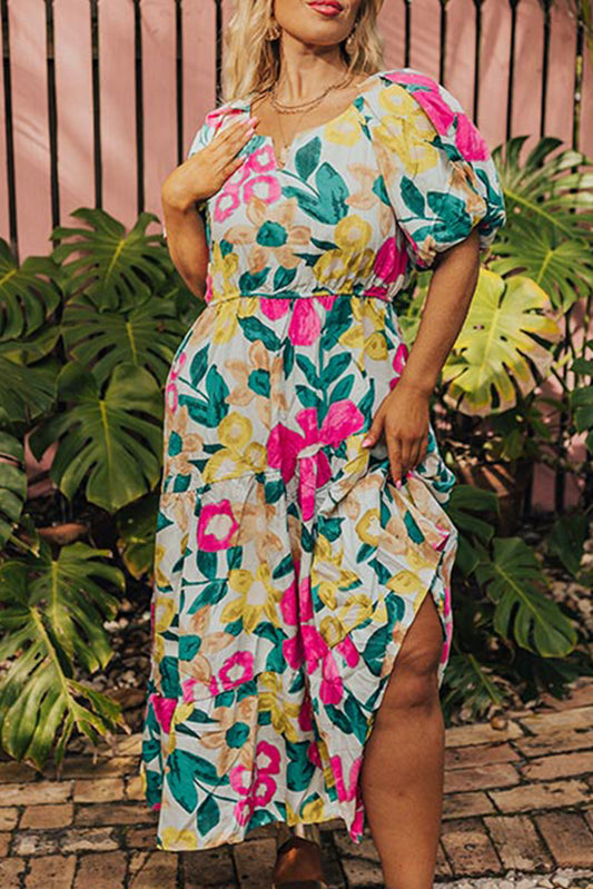 Multicolour Floral Puff Sleeve Notched Neck Plus Size Maxi Dress Plus Size JT's Designer Fashion