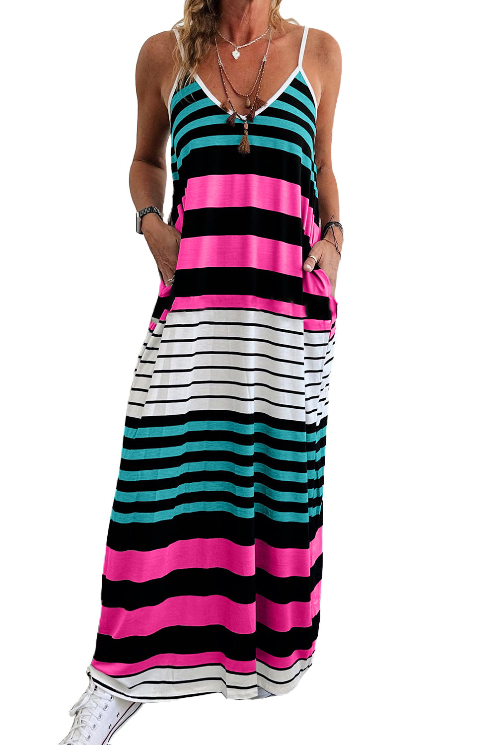 Rose Stripe Mixed Stripes Spaghetti Straps V Neck Maxi Dress Pre Order Dresses JT's Designer Fashion