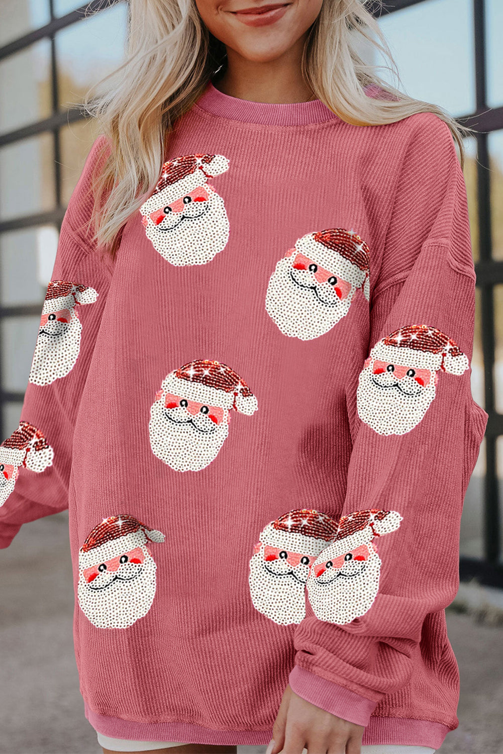 Strawberry Pink Sequined Santa Claus Graphic Corded Sweatshirt Strawberry Pink 100%Polyester Graphic Sweatshirts JT's Designer Fashion