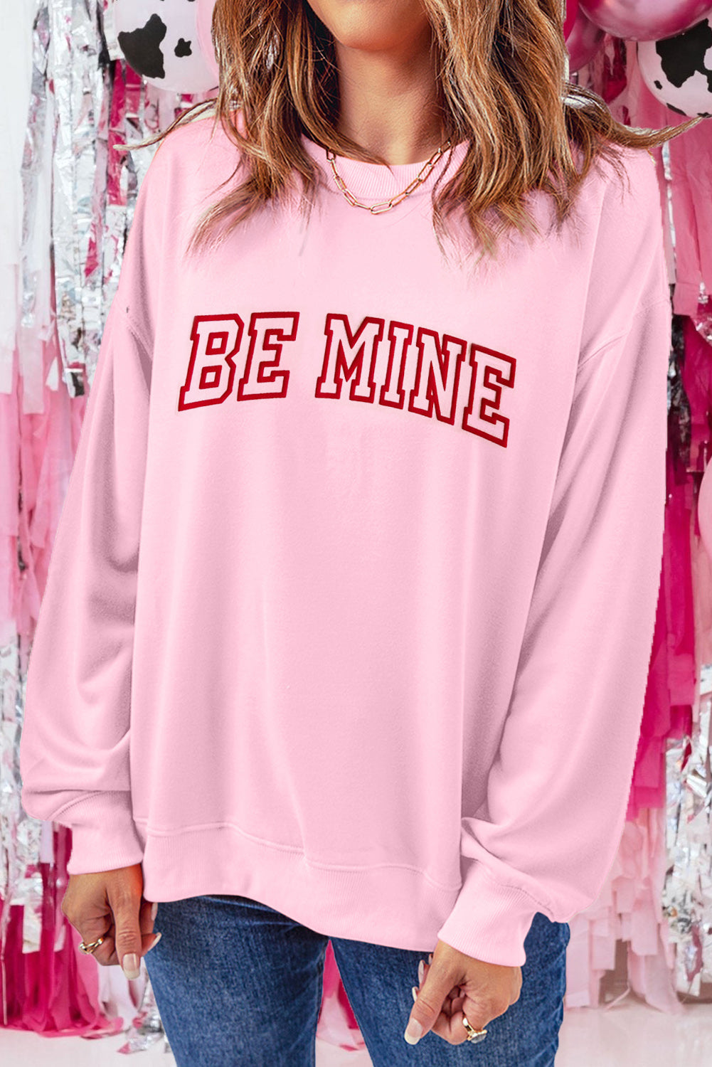 Pink BE MINE Puff Graphic Pullover Sweatshirt Graphic Sweatshirts JT's Designer Fashion