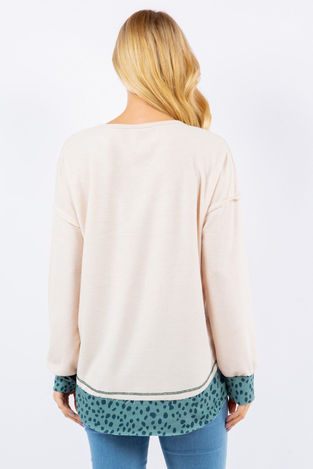 Contrast Stitching Notched Dropped Shoulder Blouse Long Sleeve Tops JT's Designer Fashion