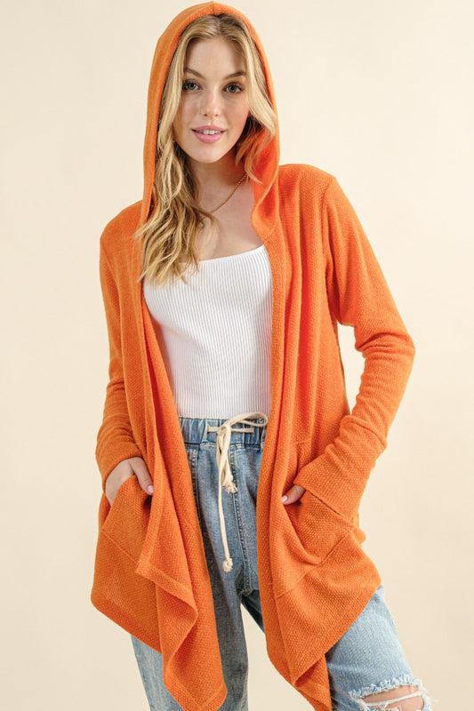 Thermal Hooded Open Front Cardigan with Pockets Dusty Coral Long Sleeve Tops JT's Designer Fashion