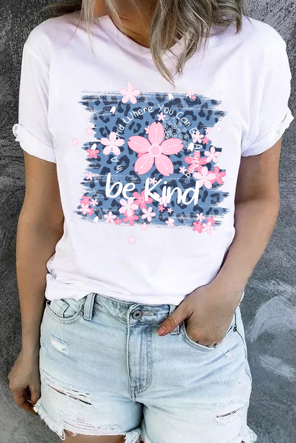 White Be Kind Cherry Blossoms Leopard Graphic T Shirt Graphic Tees JT's Designer Fashion