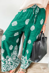 Green Bohemian Printed Drawstring Waist Wide Leg Pants Bottoms JT's Designer Fashion