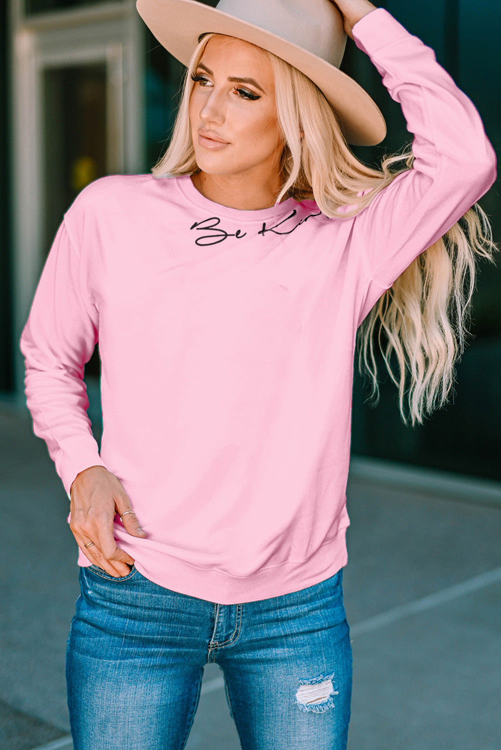 Pink Be Kind Letter Print Crew Neck Pullover Sweatshirt Graphic Sweatshirts JT's Designer Fashion