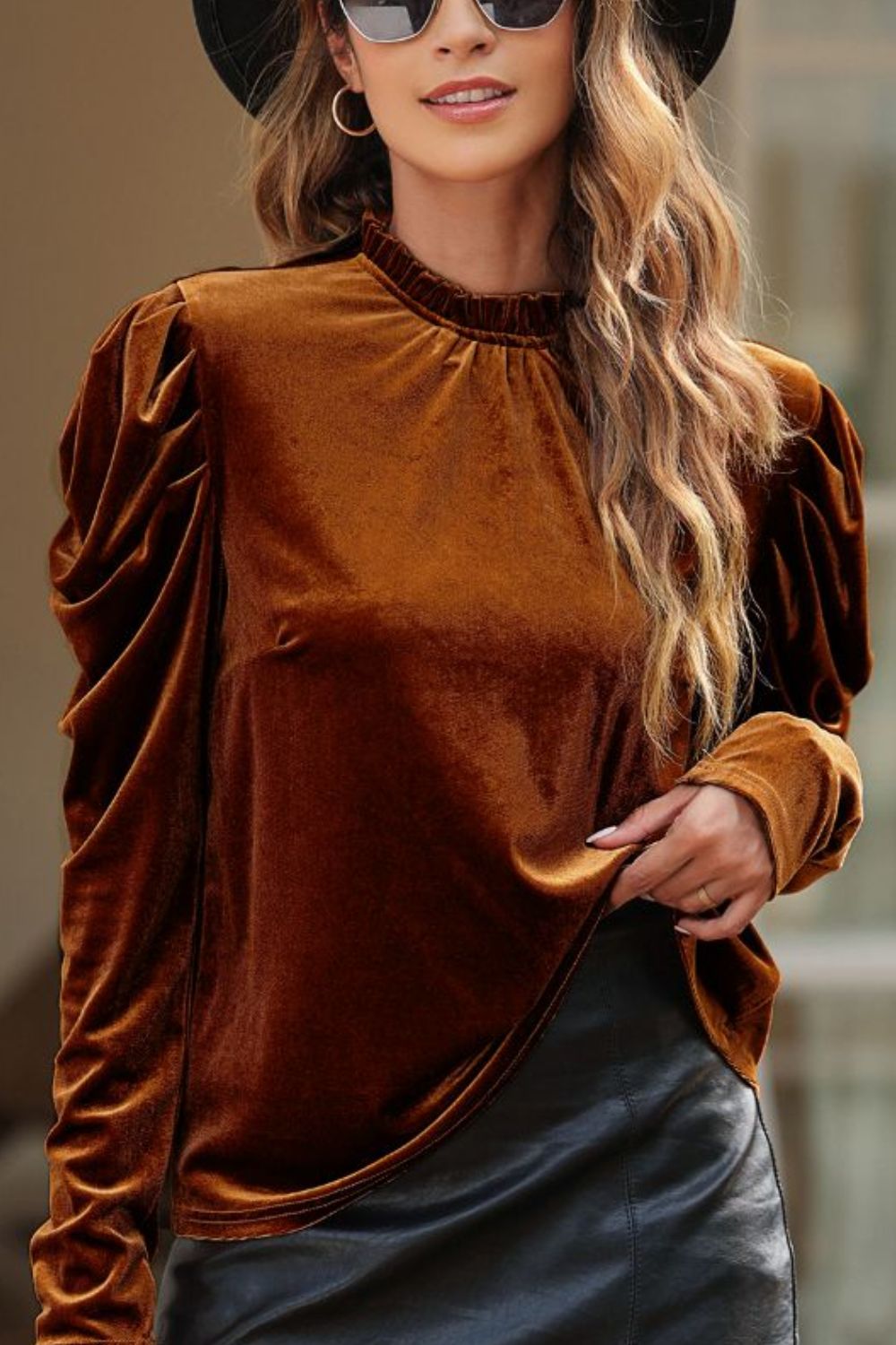 Frill Mock Neck Puff Sleeve Blouse Brown Long Sleeve Tops JT's Designer Fashion