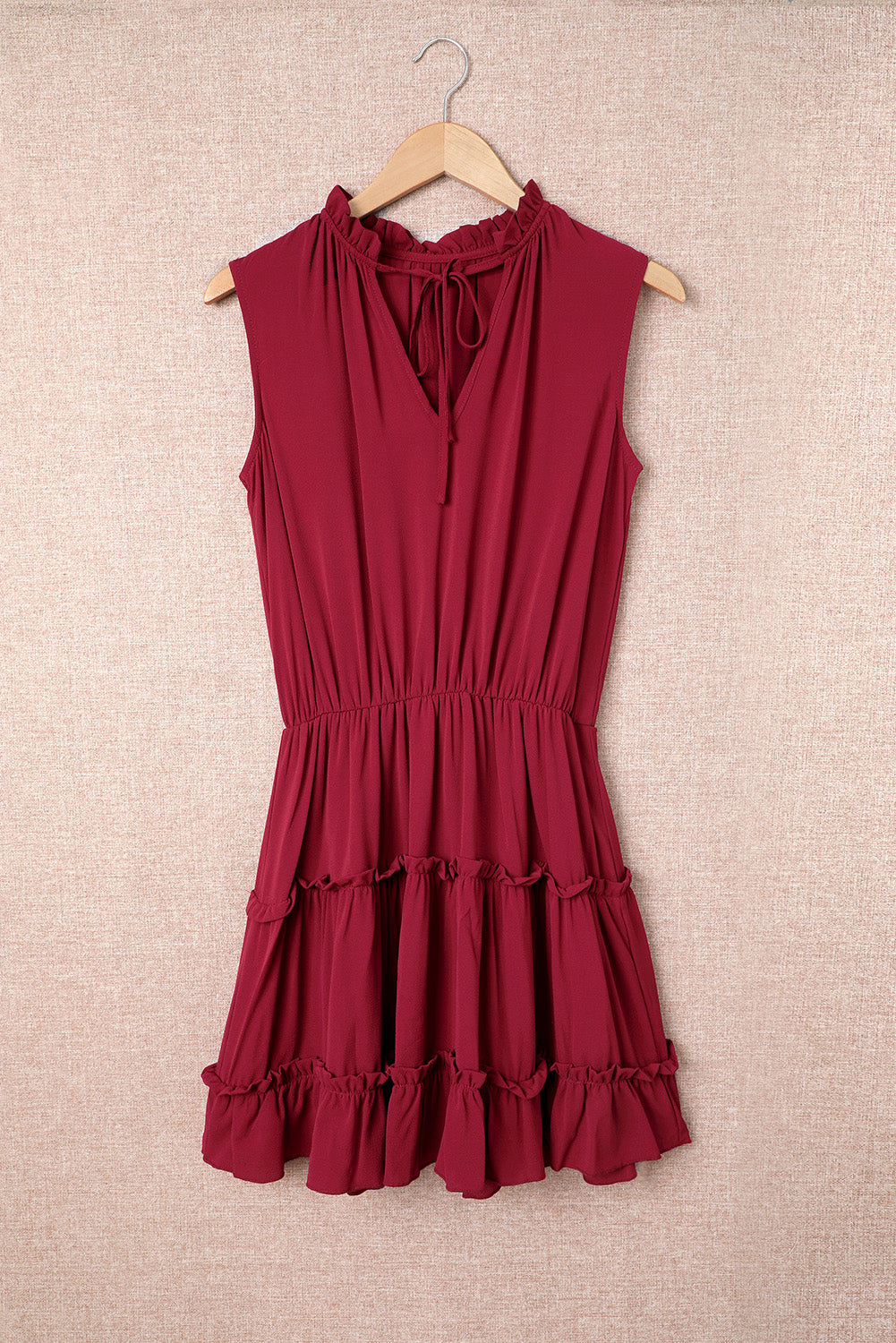 Wine Red Sleeveless V Neck Ruffled Swing Mini Dress Mini Dresses JT's Designer Fashion