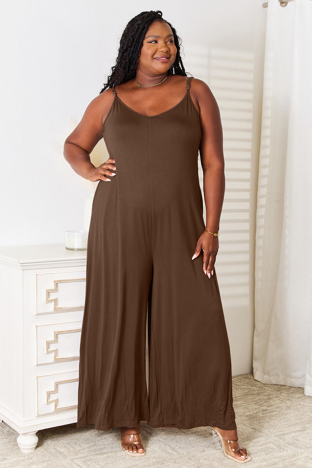 Double Take Full Size Soft Rayon Spaghetti Strap Tied Wide Leg Jumpsuit Mocha Jumpsuits & Rompers JT's Designer Fashion