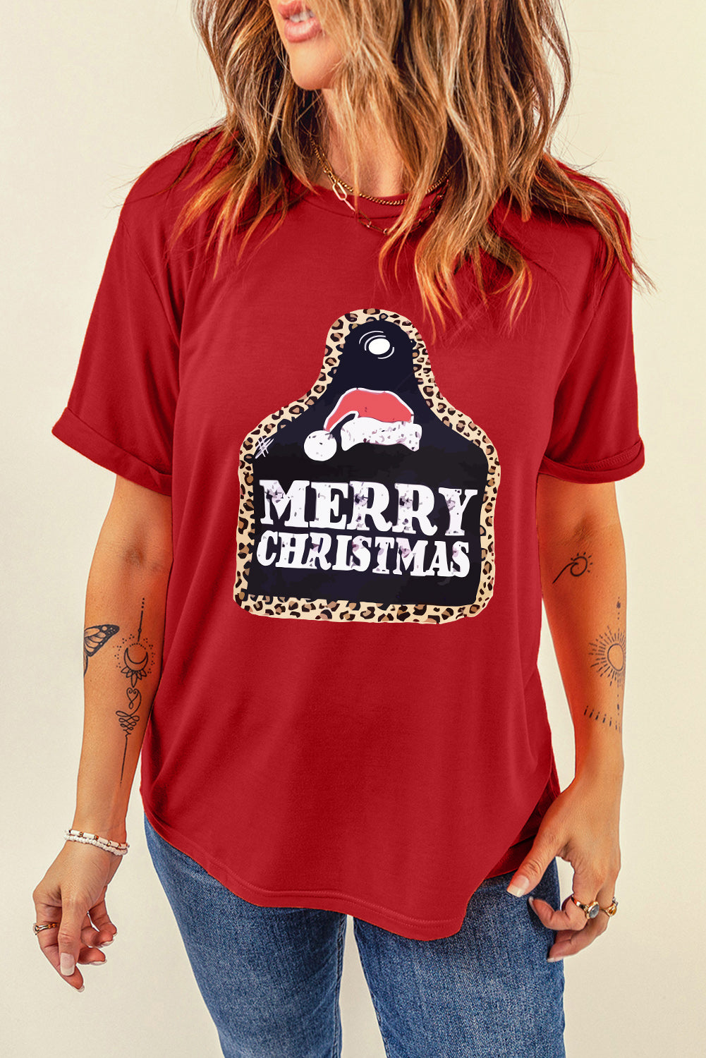 Fiery Red MERRY CHRISTMAS Leopard Frame Graphic Tee Graphic Tees JT's Designer Fashion