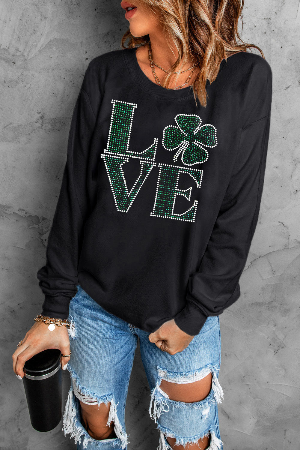 Black Rhinestone LOVE Clover Graphic St Patricks Pullover Sweatshirt Graphic Sweatshirts JT's Designer Fashion