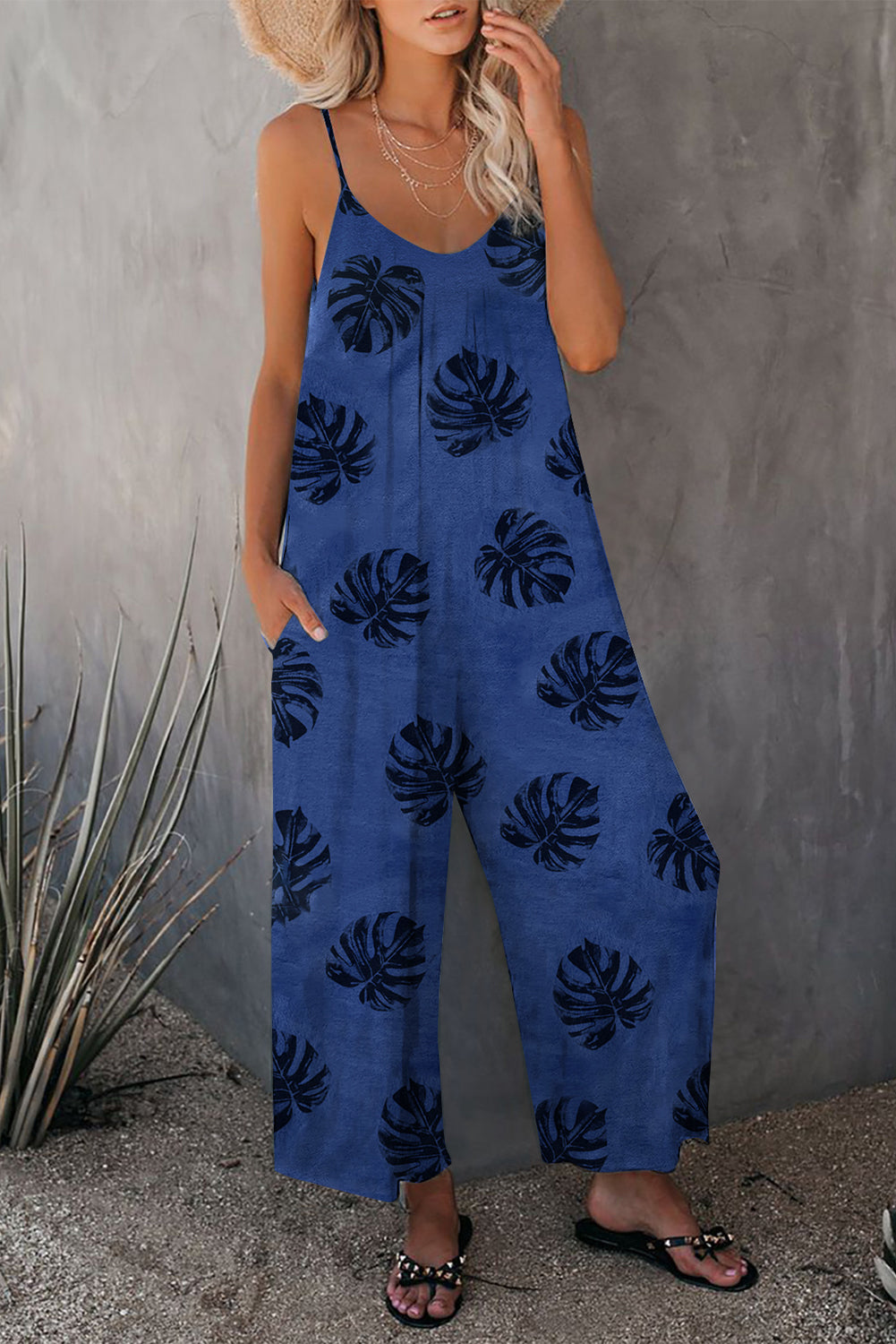 Blue Palm Leaves Print Spaghetti Strap Wide Leg jumpsuit Blue 95%Polyester+5%Spandex Jumpsuits & Rompers JT's Designer Fashion