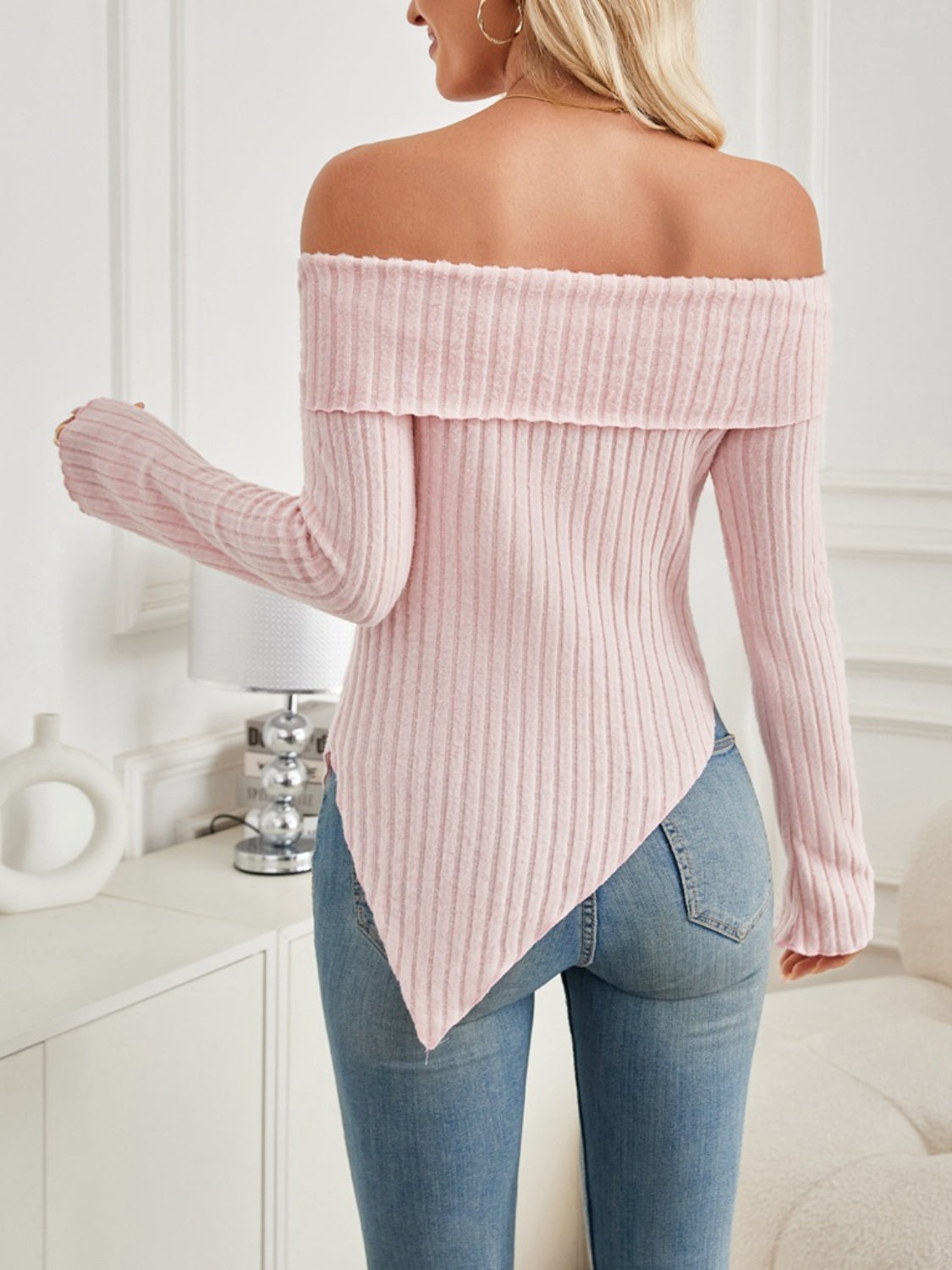 Asymmetrical Hem Off-Shoulder Long Sleeve T-Shirt Long Sleeve Tops JT's Designer Fashion