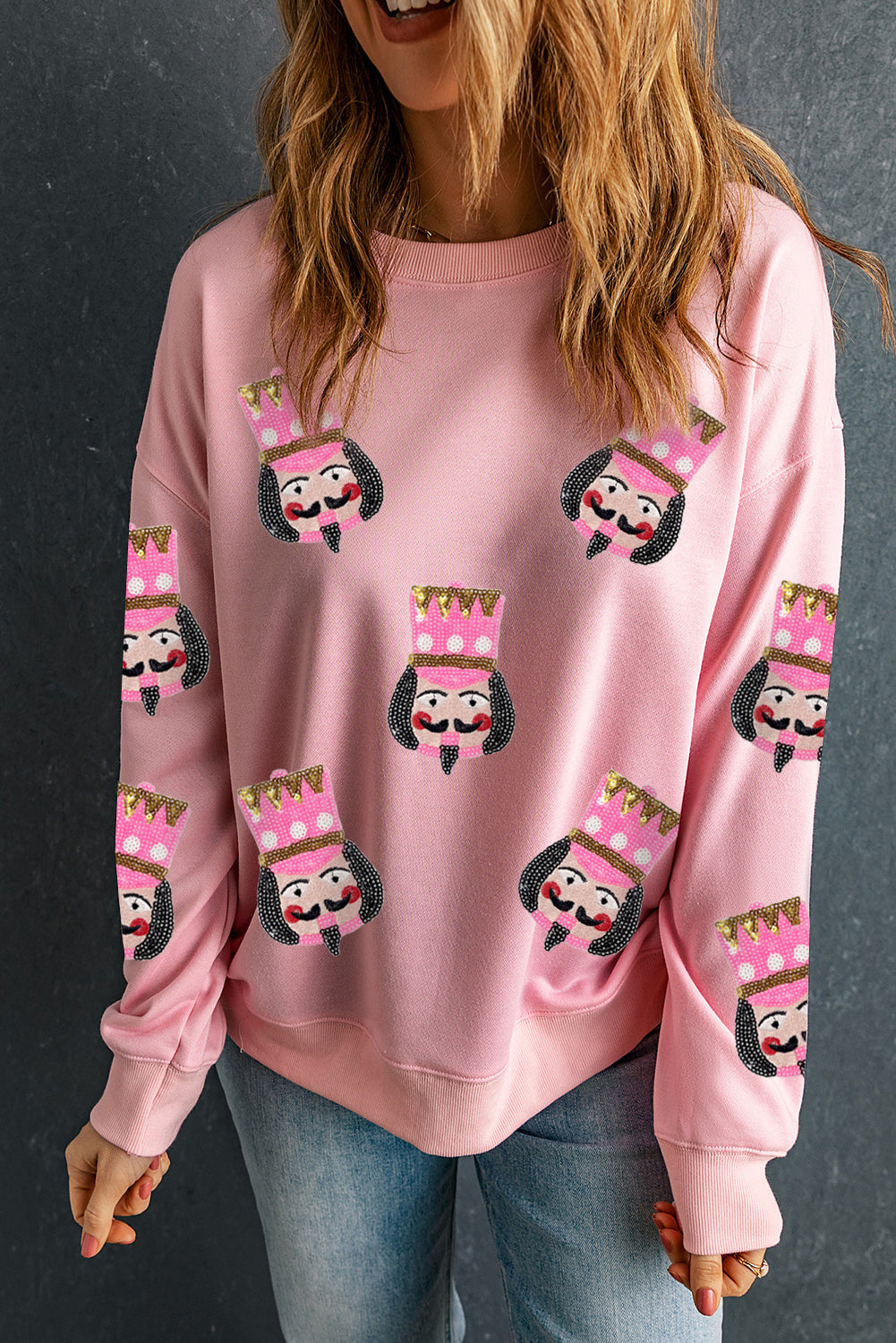 Pink Sequin Nutcracker Graphic Drop Shoulder Christmas Sweatshirt Graphic Sweatshirts JT's Designer Fashion