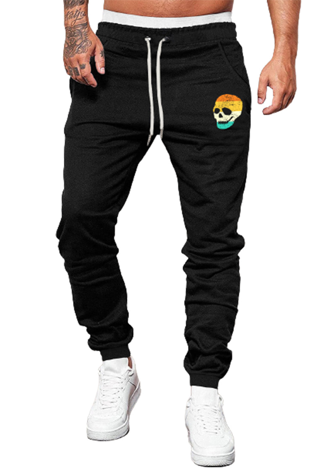 Black Skull Print Drawstring High Waist Men's Sweatpants Men's Pants JT's Designer Fashion