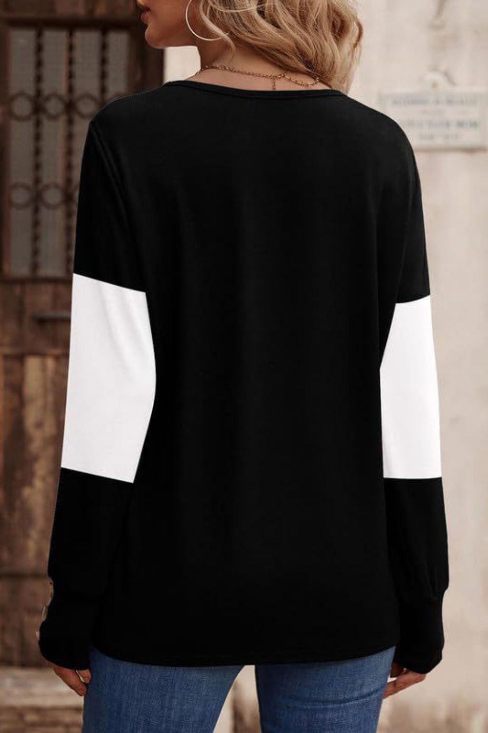 Decorative Button Contrast V-Neck Long Sleeve T-Shirt Long Sleeve Tops JT's Designer Fashion