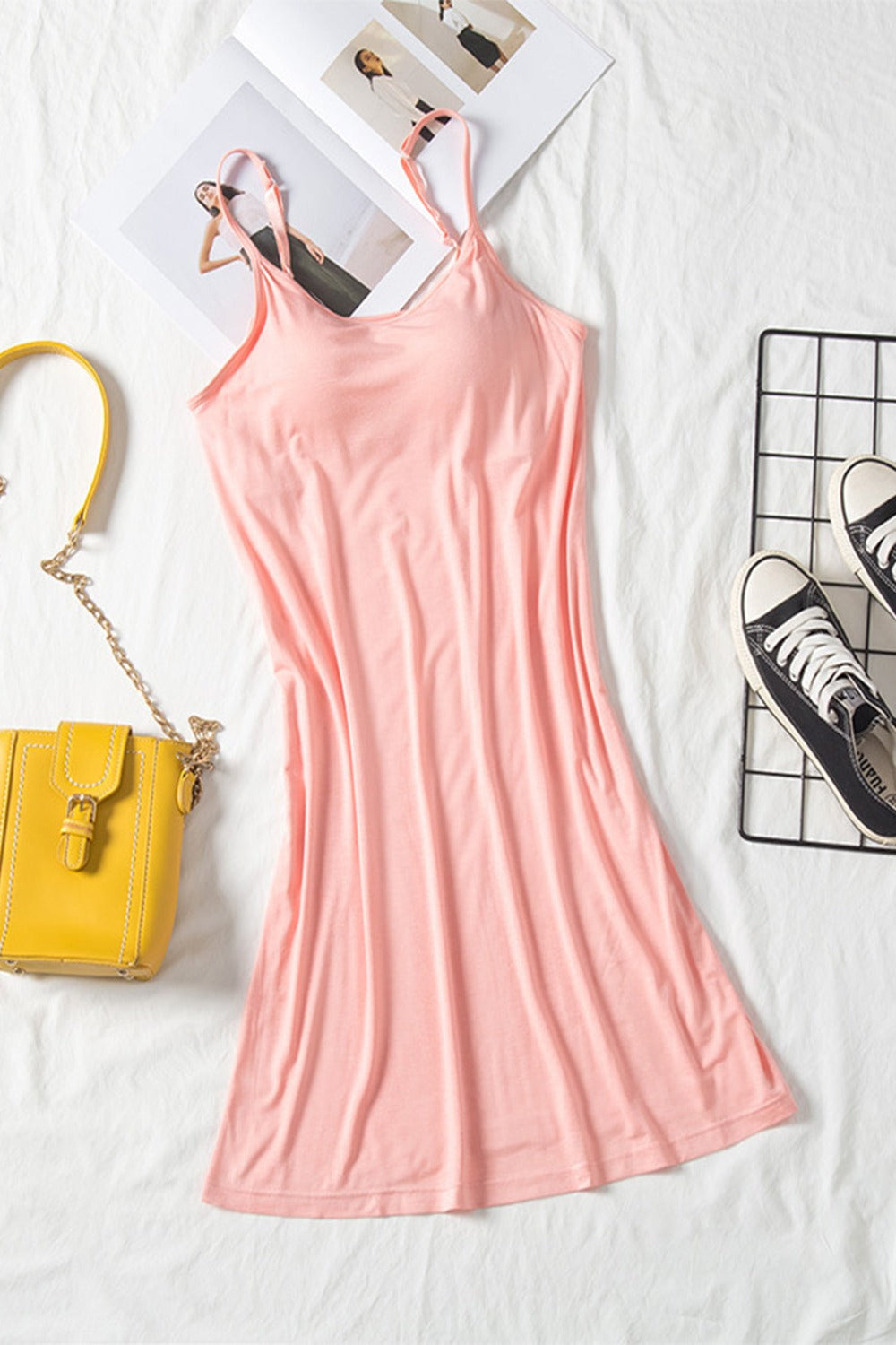 Round Neck Spaghetti Strap Cami Dress with Bra Blush Pink Mini Dresses JT's Designer Fashion