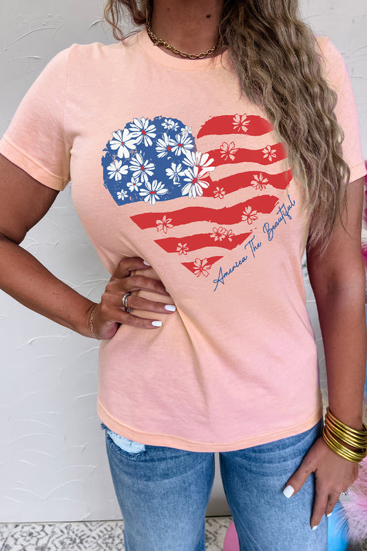 Pink Floral American Flag Heart Shape Graphic T Shirt Graphic Tees JT's Designer Fashion