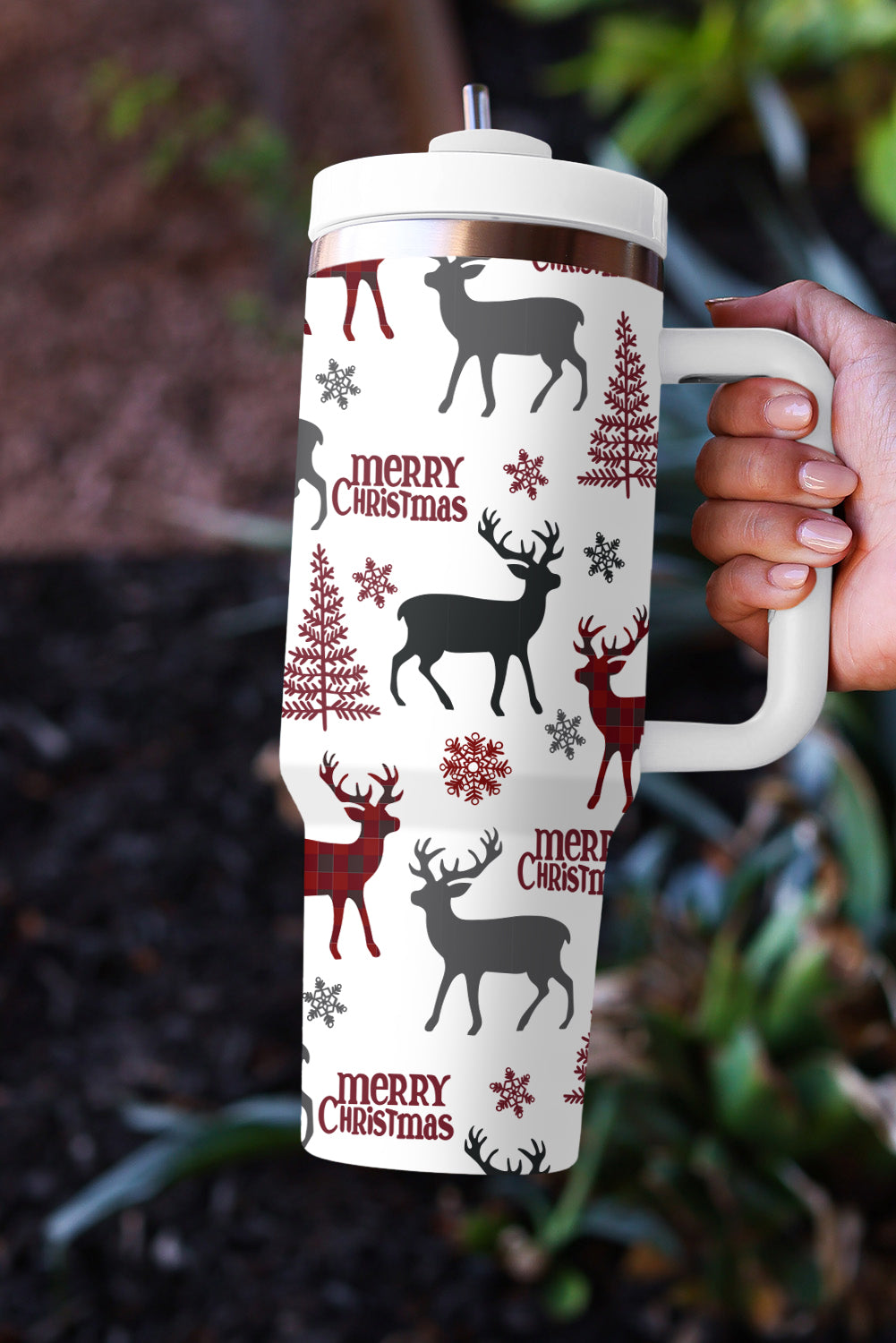 White Merry Christmas Tree Snowflake Elk Print Handle Tumbler Tumblers JT's Designer Fashion