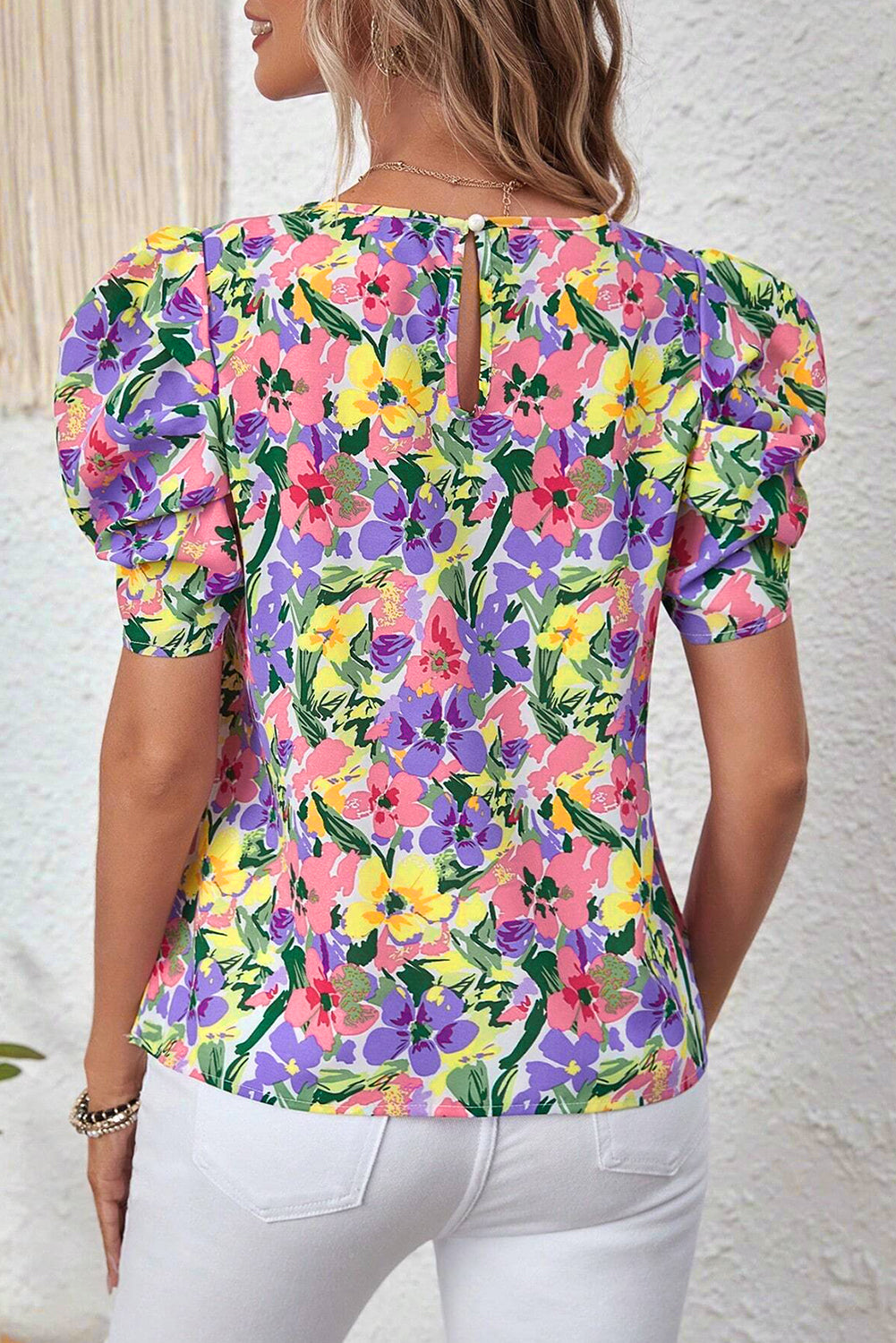 Purple Floral Print Puff Short Sleeve Crew Neck Blouse Blouses & Shirts JT's Designer Fashion
