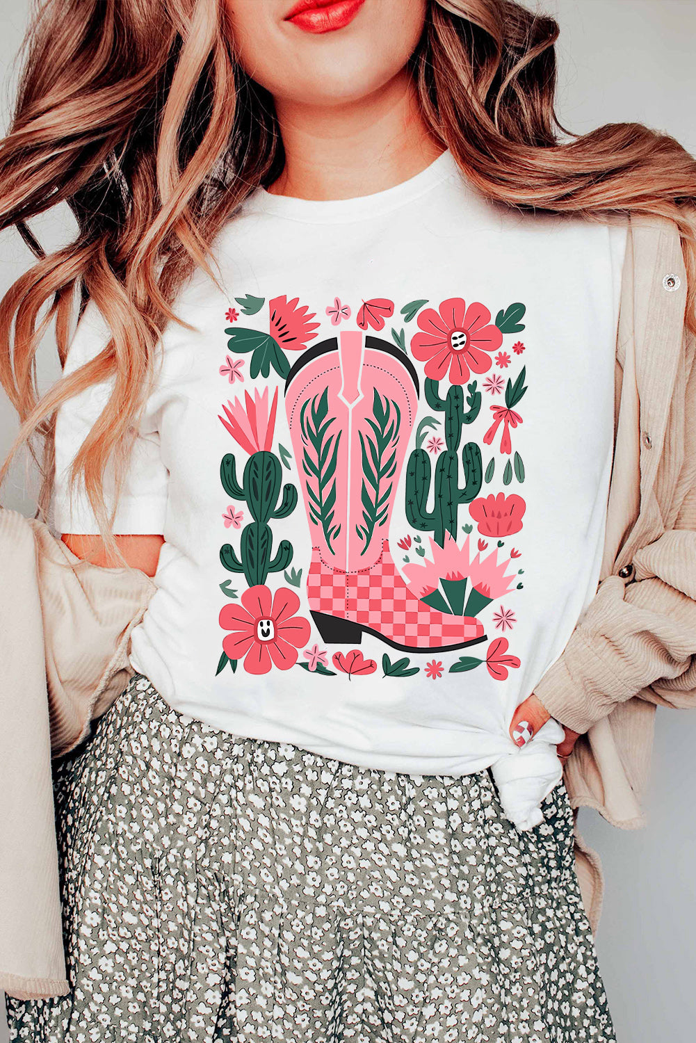 White Western Boots Flower Print Round Neck T Shirt Graphic Tees JT's Designer Fashion