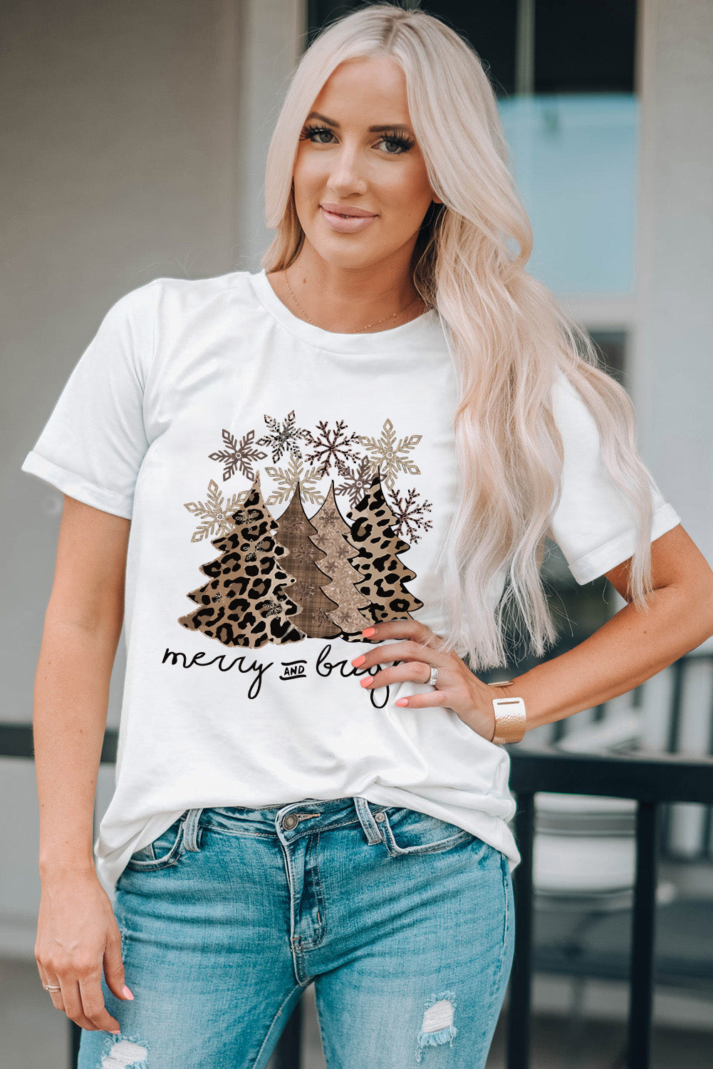 White Leopard Christmas Tree Graphic Crew Neck T Shirt Graphic Tees JT's Designer Fashion