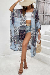 Blue Retro Floral Print Long Loose Open Front Kimono Kimonos JT's Designer Fashion