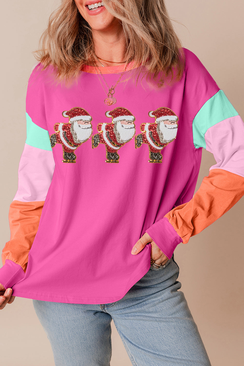 Rose Red Glitter Santa Claus Graphic Colorblock Patchwork Sleeve Christmas Top Graphic Tees JT's Designer Fashion