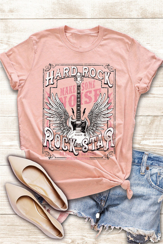 Pink Hard Rock Guitar Print Crew Neck T Shirt Graphic Tees JT's Designer Fashion