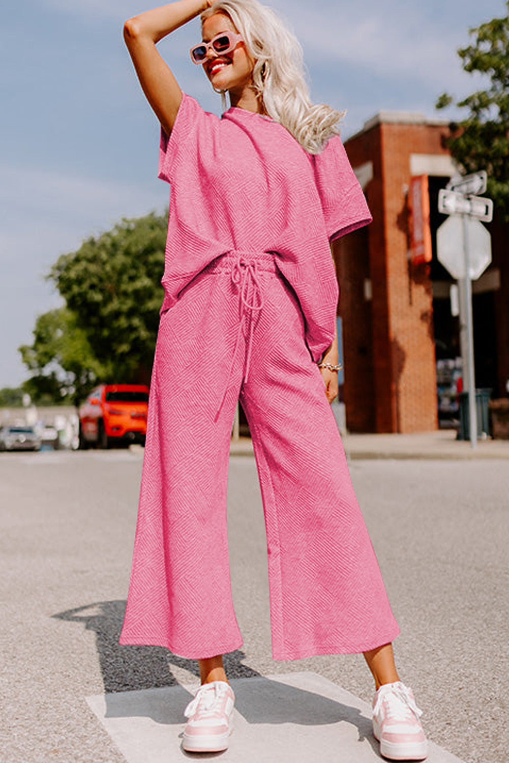 Strawberry Pink Textured Loose Fit T Shirt and Drawstring Pants Set Pre Order Bottoms JT's Designer Fashion