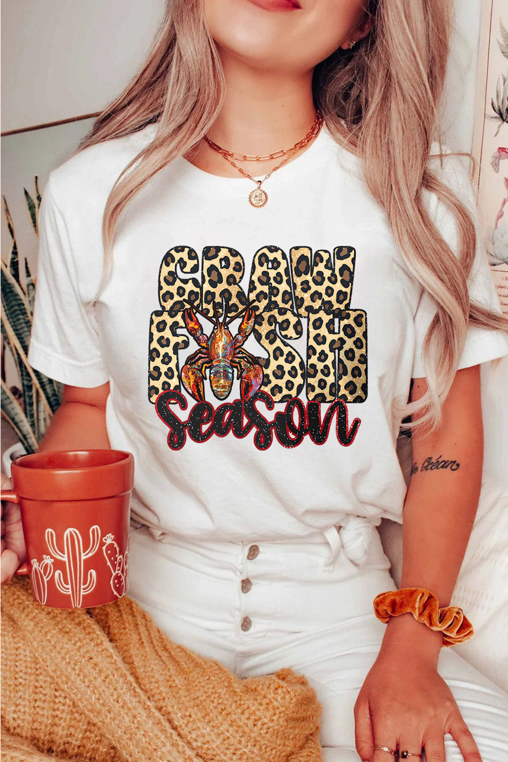 White Crawfish Season Leopard Letter Graphic Tee Graphic Tees JT's Designer Fashion