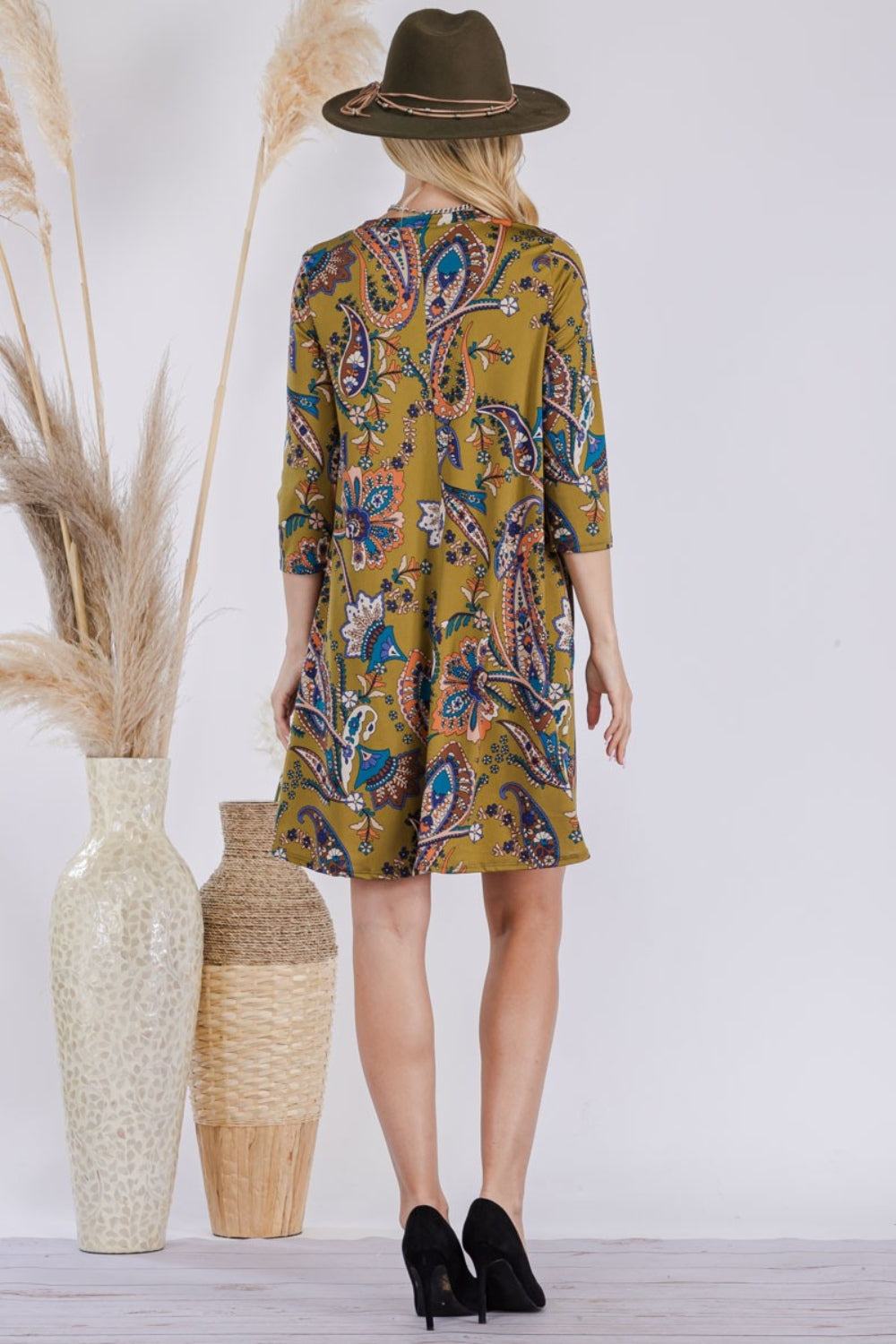 Celeste Full Size Paisley Print Round Neck Dress with Pockets Mini Dresses JT's Designer Fashion