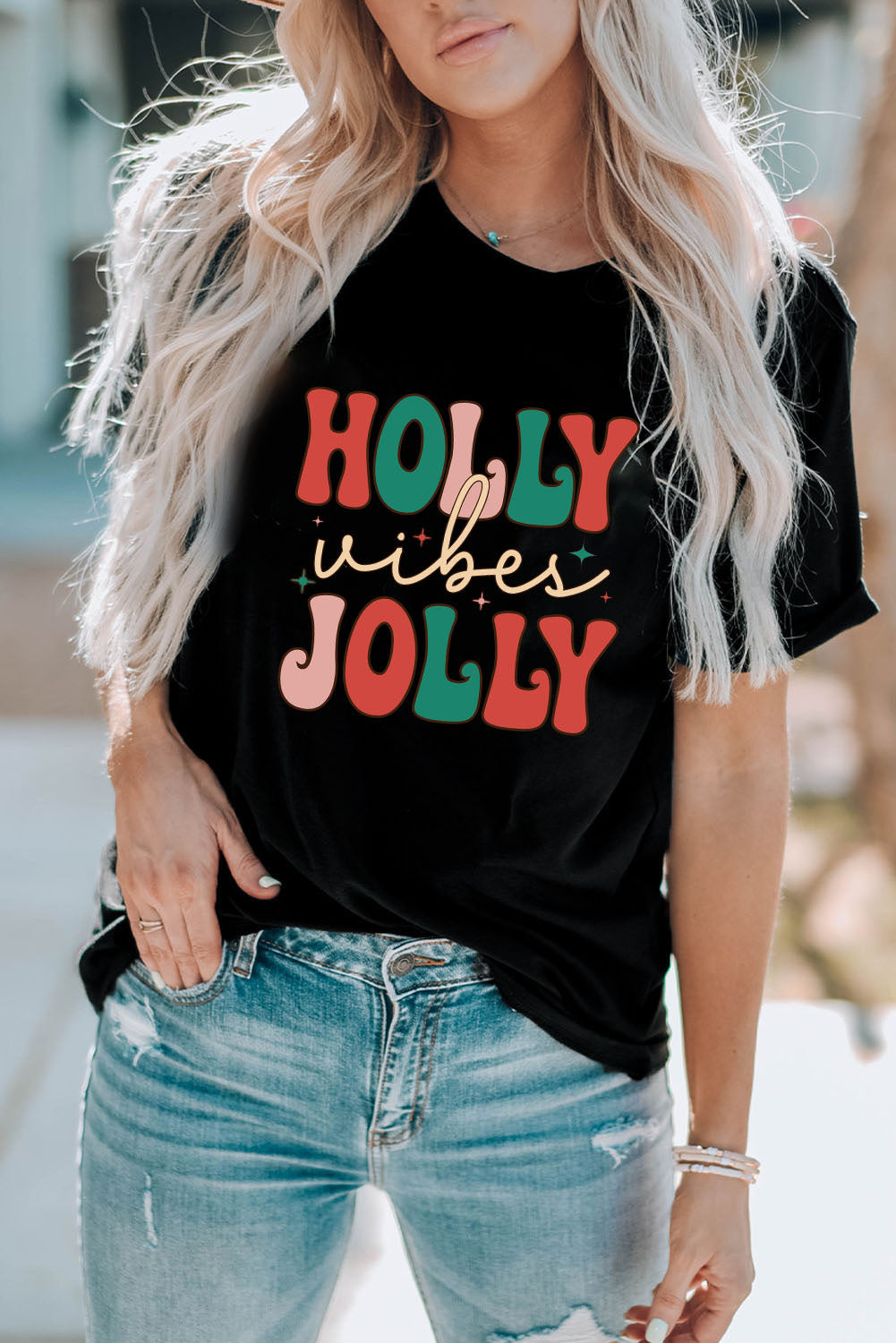 Black HOLLY JOLLY Vibes Christmas Crew Neck T Shirt Graphic Tees JT's Designer Fashion