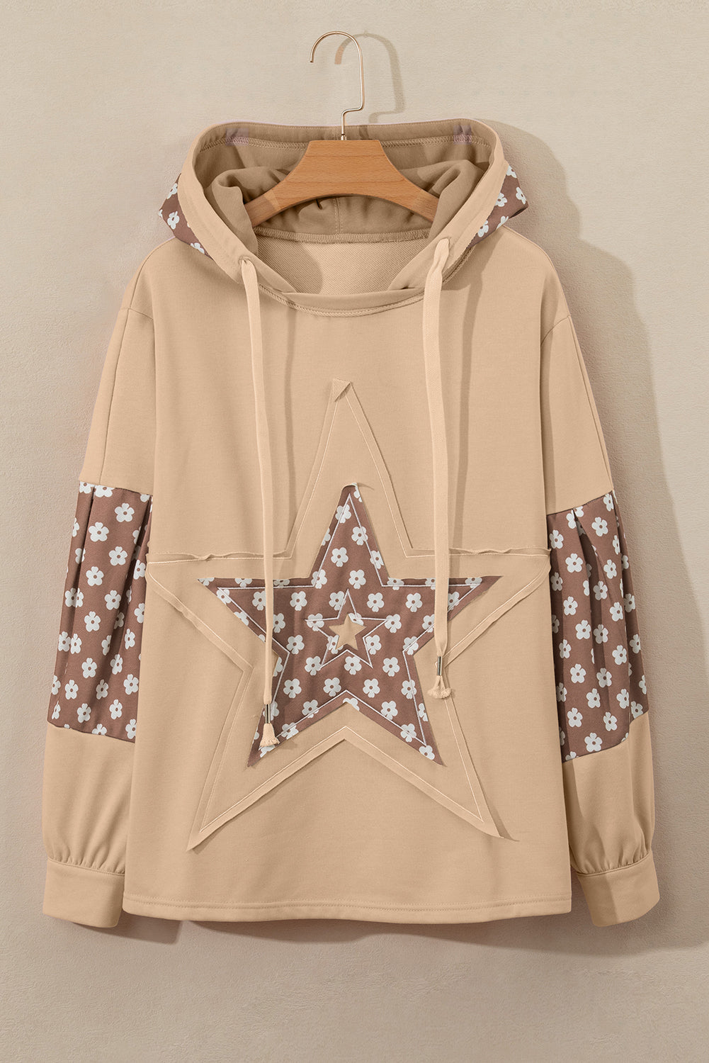 Apricot Floral Patchwork Star Pattern Drawstring Hoodie Sweatshirts & Hoodies JT's Designer Fashion