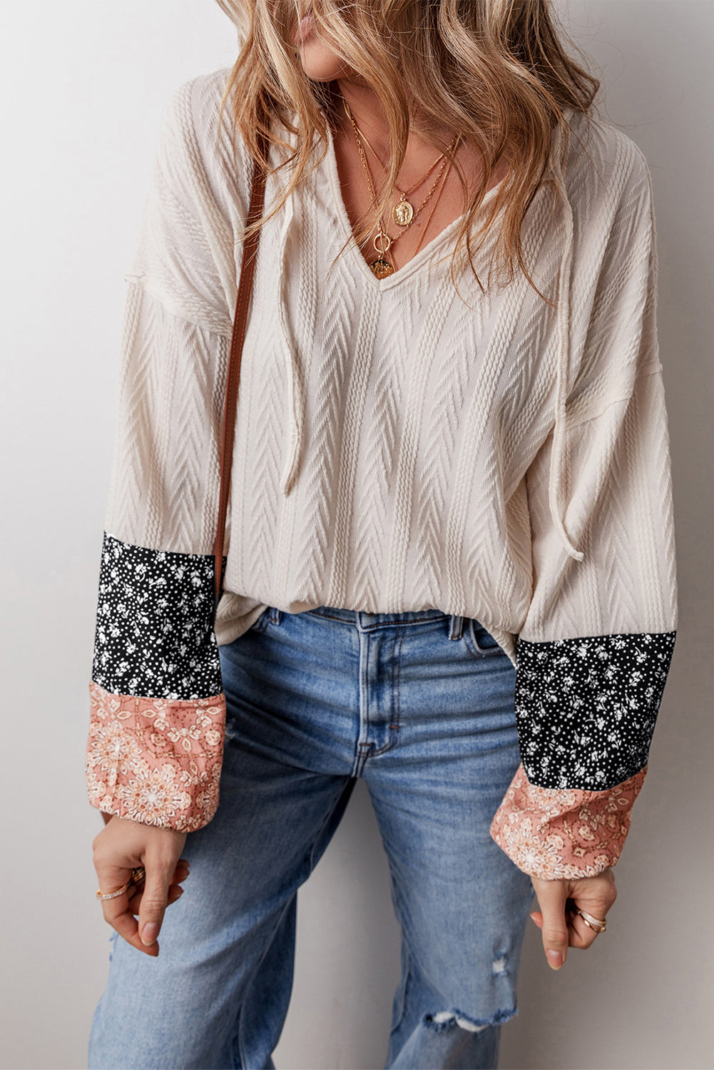 Beige Floral Patchwork Textured Knit Drawstring V Neck Blouse Blouses & Shirts JT's Designer Fashion