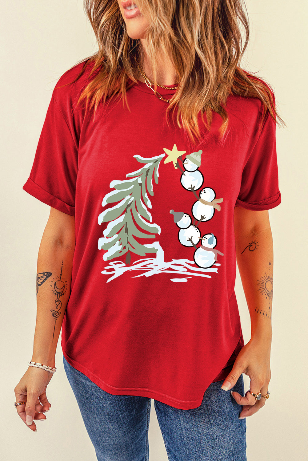 Red Christmas Tree Snowman Printed Crewneck T Shirt Graphic Tees JT's Designer Fashion