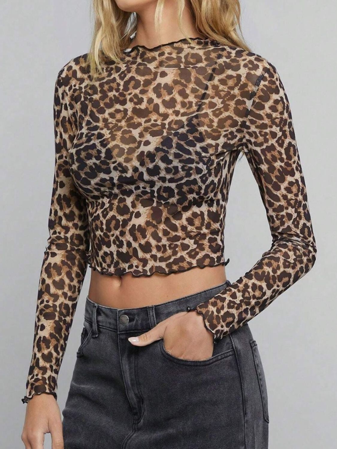 Leopard Mock Neck Long Sleeve Sheer Top Long Sleeve Tops JT's Designer Fashion
