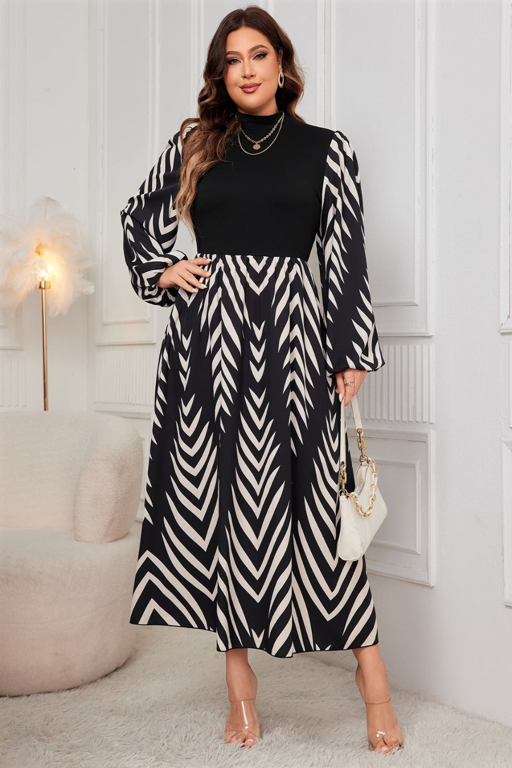 Plus Size Printed Mock Neck Long Sleeve Midi Dress Black Maxi Dresses JT's Designer Fashion