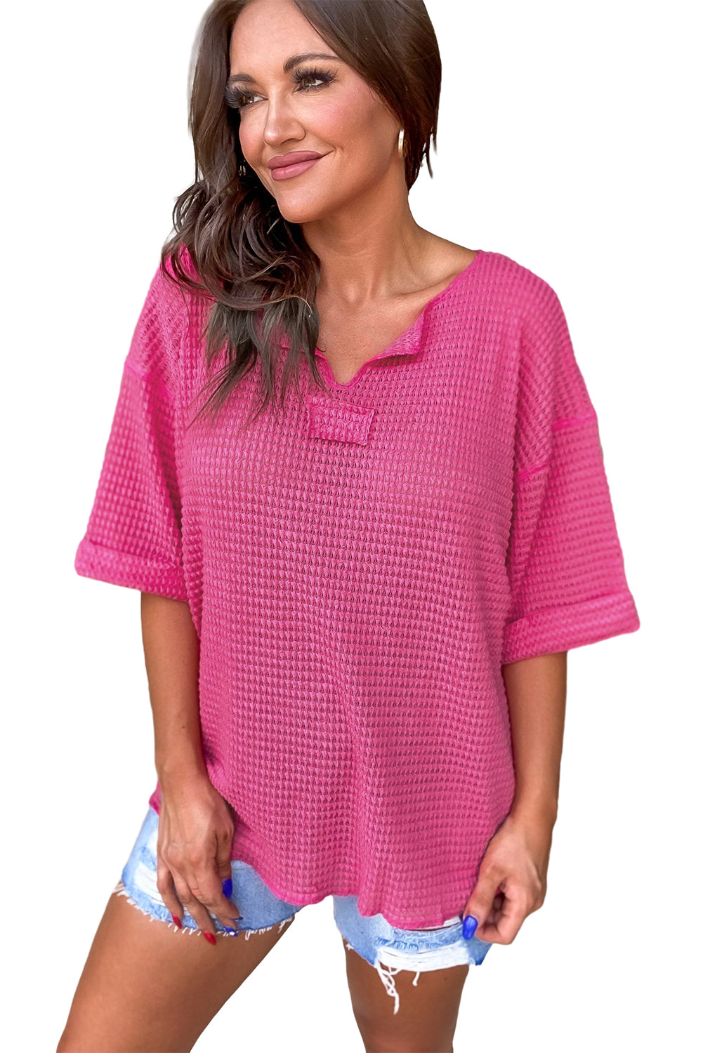 Strawberry Pink Textured Knit Split Neck Cuffed Short Sleeve Top Pre Order Tops JT's Designer Fashion