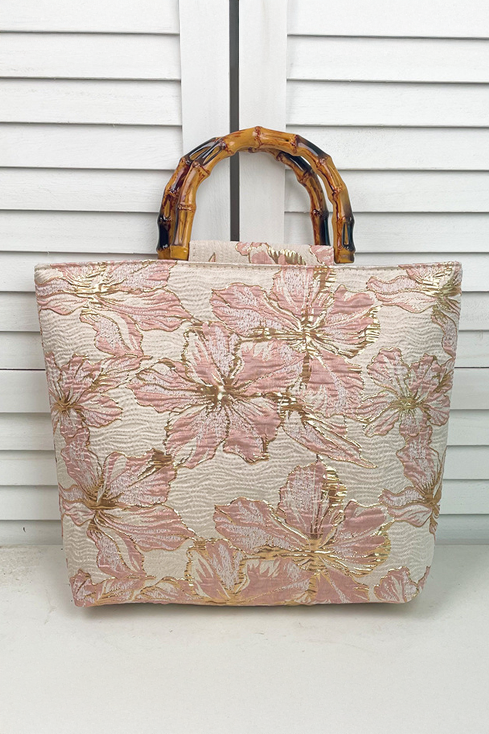 Light Pink Flower Canvas Tote Bag with Bamboo Handle Handbags JT's Designer Fashion