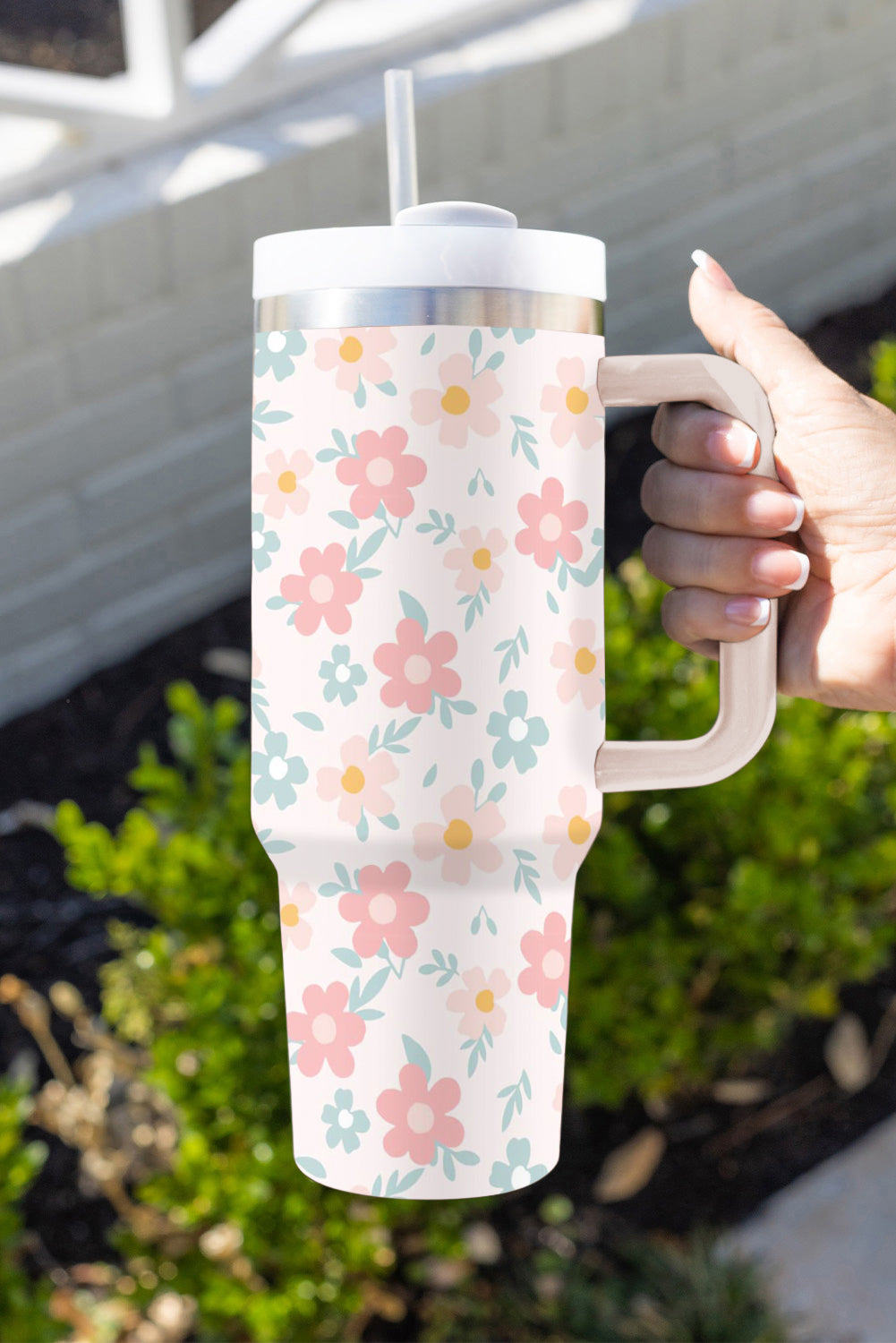 White Floral Pattern Stainless Vacuum Cup with Handle 40oz Tumblers JT's Designer Fashion