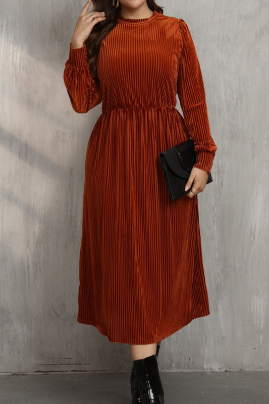 Plus Size Round Neck Long Sleeve Midi Dress Rust Midi Dresses JT's Designer Fashion