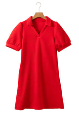 Fiery Red Textured Collared V Neck Puff Short Sleeve Shift Mini Dress Mini Dresses JT's Designer Fashion