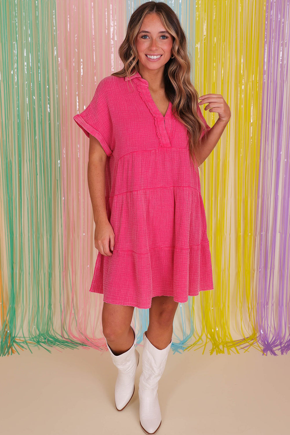 Strawberry Pink Mineral Wash Crinkle Split Neck Raw Hem Tiered Dress Dresses JT's Designer Fashion