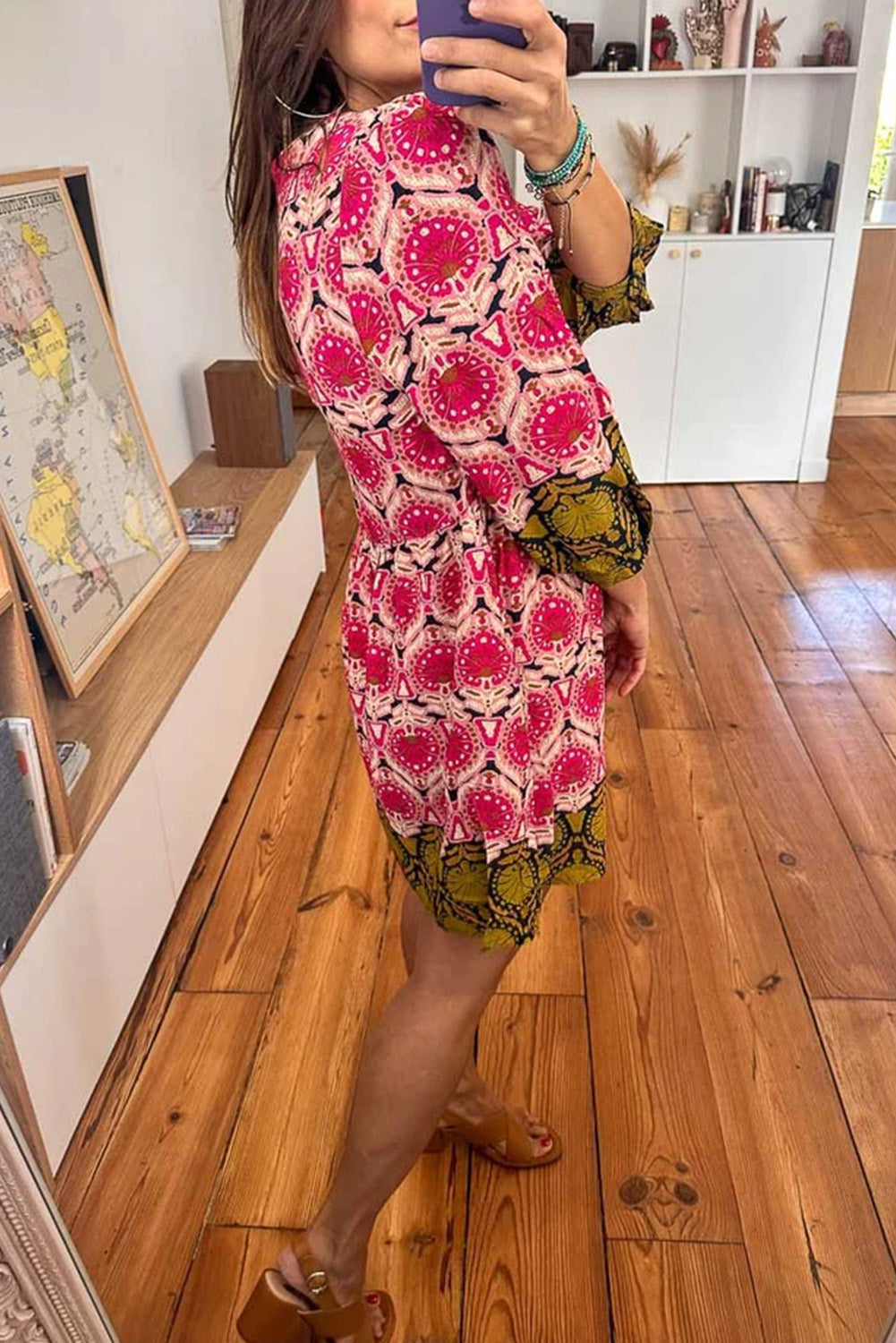 Strawberry Pink Retro Printed V Neck Bracelet Sleeve Dress Mini Dresses JT's Designer Fashion