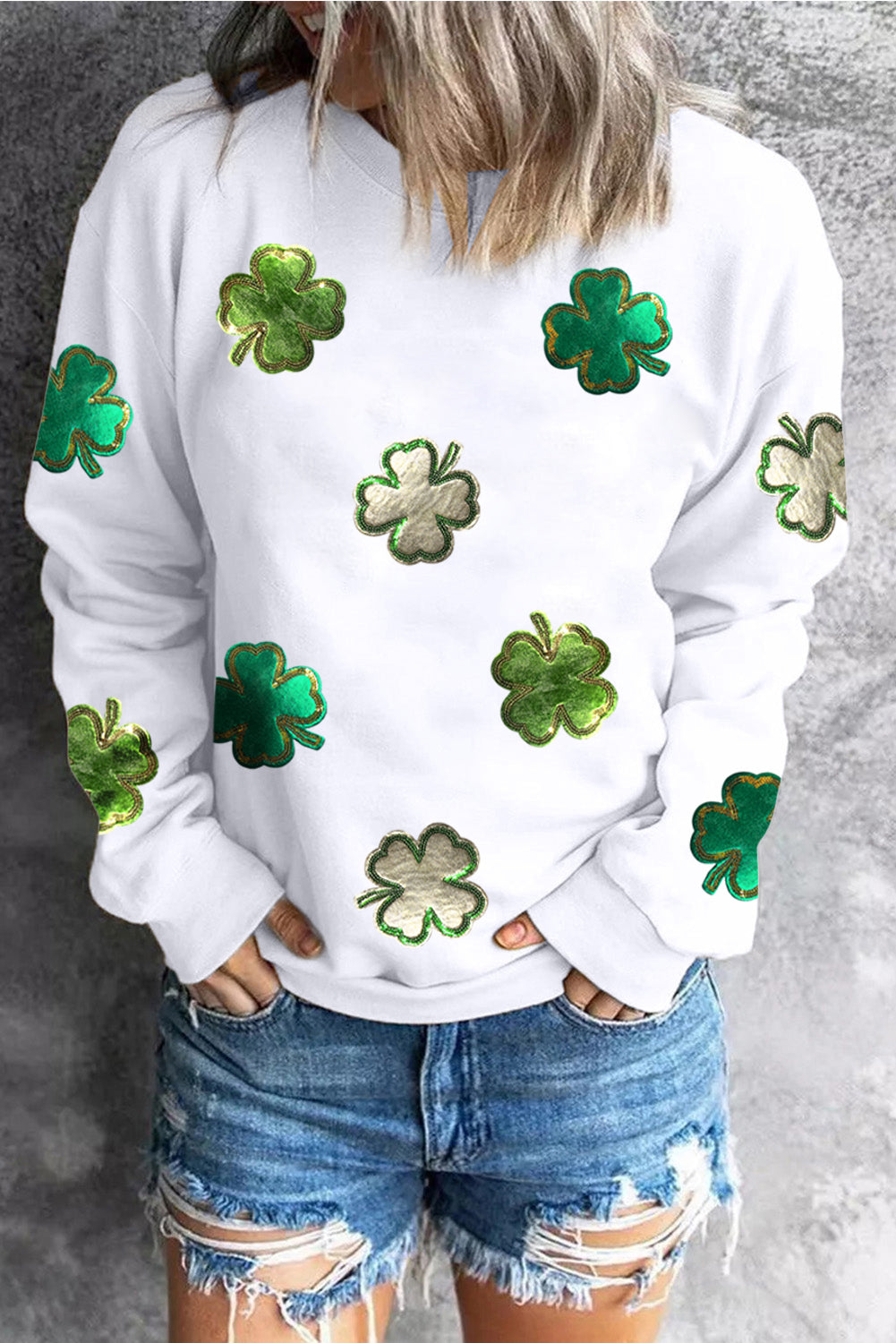 White Four Leaf Clover Patched Graphic St Patricks Sweatshirt Graphic Sweatshirts JT's Designer Fashion