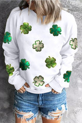 White Four Leaf Clover Patched Graphic St Patricks Sweatshirt Graphic Sweatshirts JT's Designer Fashion