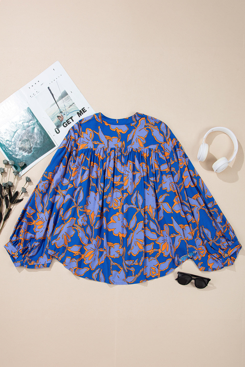 Blue Floral Print Batwing Sleeve Buttoned Loose Fit Shirt Blouses & Shirts JT's Designer Fashion